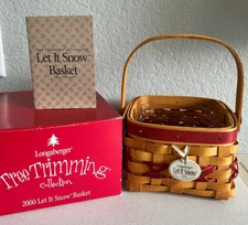 Longaberger~2000 Tree Trimming RED Let It Snow Basket w/Protector, Lid, Tie On