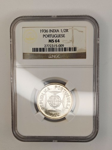 1936 India Portuguese Silver 1/2 Rupia - NGC Graded MS 64