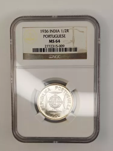 1936 India Portuguese Silver 1/2 Rupia - NGC Graded MS 64