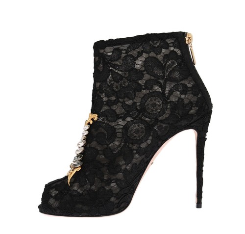 Dolce & Gabbana Zapatos Negros Cristal Encaje Botines de Tacón EU38.5/US8 - Imagen 2 de 12