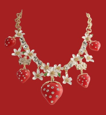 $125 BETSEY Johnson Red Strawberry White Lilly Flower Rhinestone Necklace New