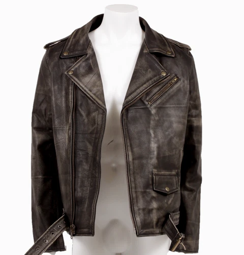 Men's Motorcycle Biker Genuine Buffalo Skin Leather jacket Brando Style Black image 11