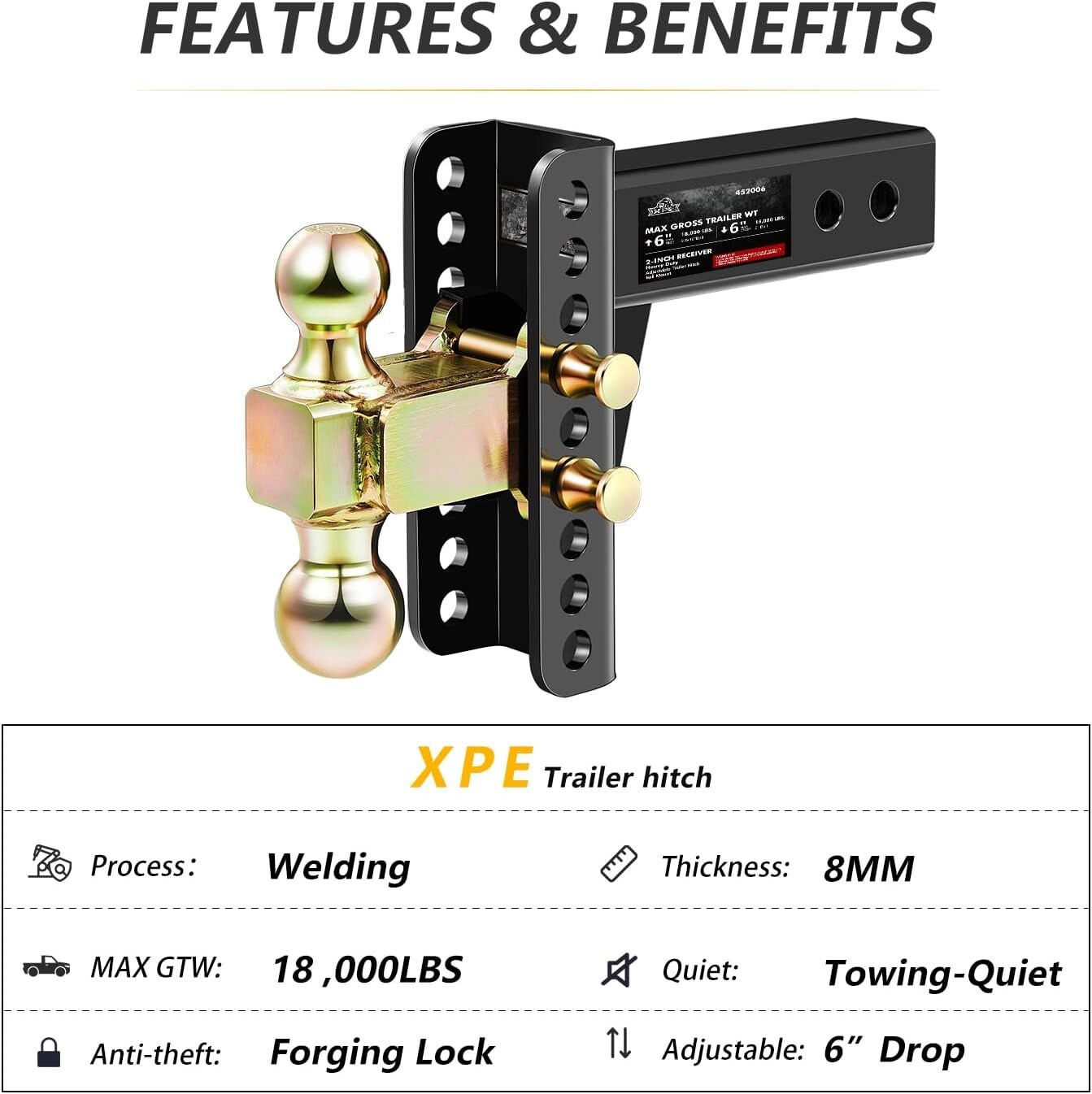 XPE Trailer Hitch Fits 2-inch Receiver, 6-inch Adjustable Drop Hitch ...