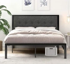 Full Size Bed Frame with Upholstered Button Tufted Headboard,Dark Grey