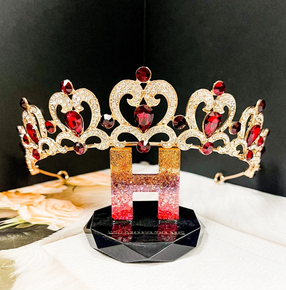 Burgundy Rhinestone Tiara, Girl's Gold tiara, Heart shape tiara, Princess tiara - Image 4 of 4