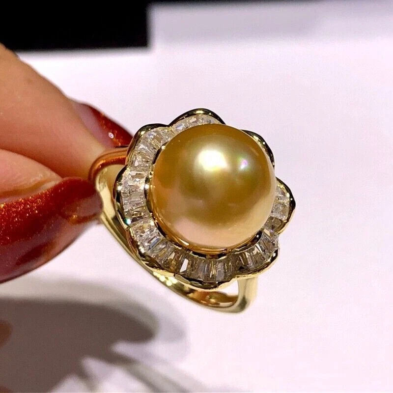 Precioso ENORME AAAAA+++++ 11-10mm REDONDO Natural Mar del Sur Anillo Perla Dorada 925s Foto 2 de 4