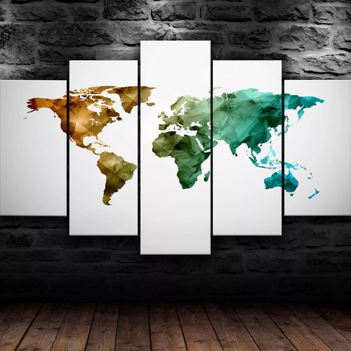 World Map Colorful Artistic Design 5 Piece Canvas Wall Art Print Home Decor