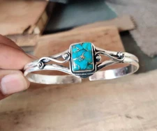 Blue Copper Turquoise Gemstone 925 Sterling Silver Handmade Bracelet Cuff R-77