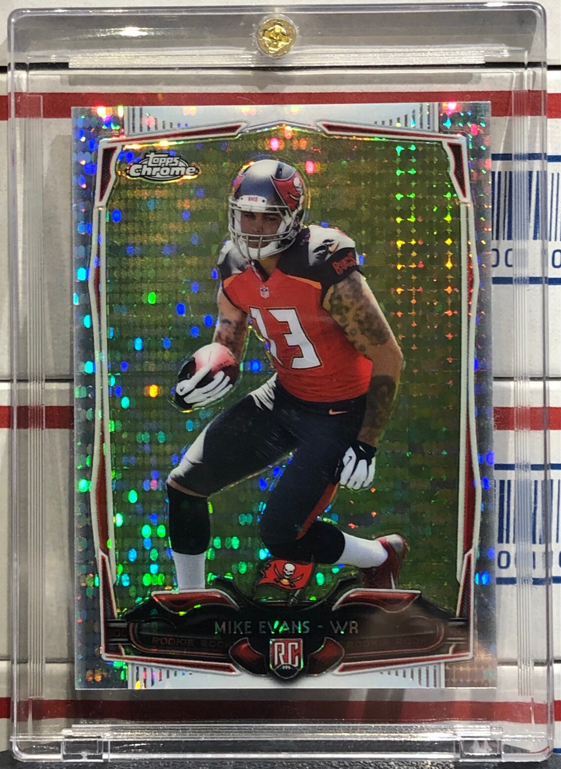 2014 TOPPS CHROME, MIKE EVANS, #185, MINI ROOKIE PULSAR REFRACTOR, #011/102