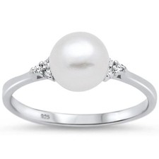 Solitaire Fresh Water Pearl Cz .925 Sterling Silver Ring