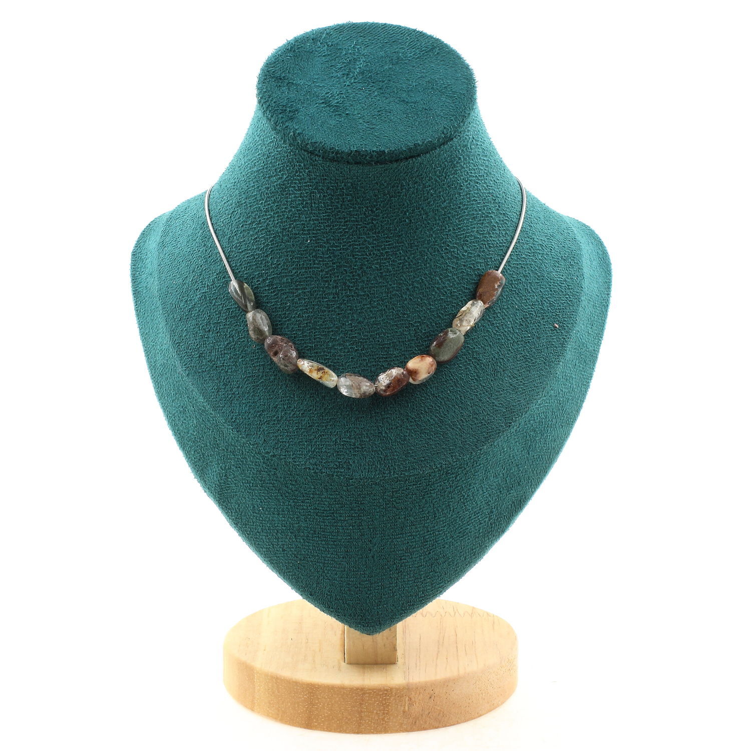 Collier quartz fantôme vert du Brésil chaine pendentif 10 perles lithothérapie