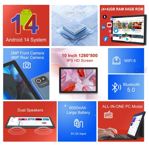 2025 NEW FHD N01 Wifi Tablet Android 14 PC 8GB+64GB Tablets 10.1 Inch 6000mAh - Picture 2 of 11
