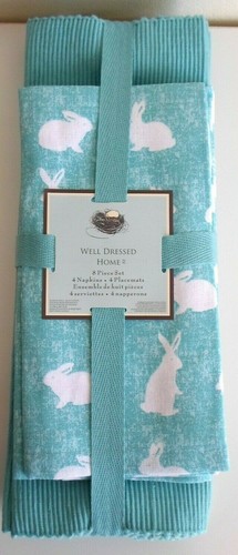 8pc TEAL BLUE EASTER BUNNY Rabbit Ribbed PLACEMATS & NAPKINS WELL DRESSED HOME - Picture 2 of 2