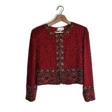 Vintage Laurence Kazar Jacket Womens XL Red Silk Beaded Sequin Evening 90s