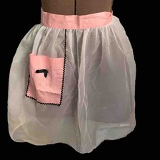Vtg Half Apron Organza Sheer Baby Pink Black Hostess Retro MCM 50 s Small