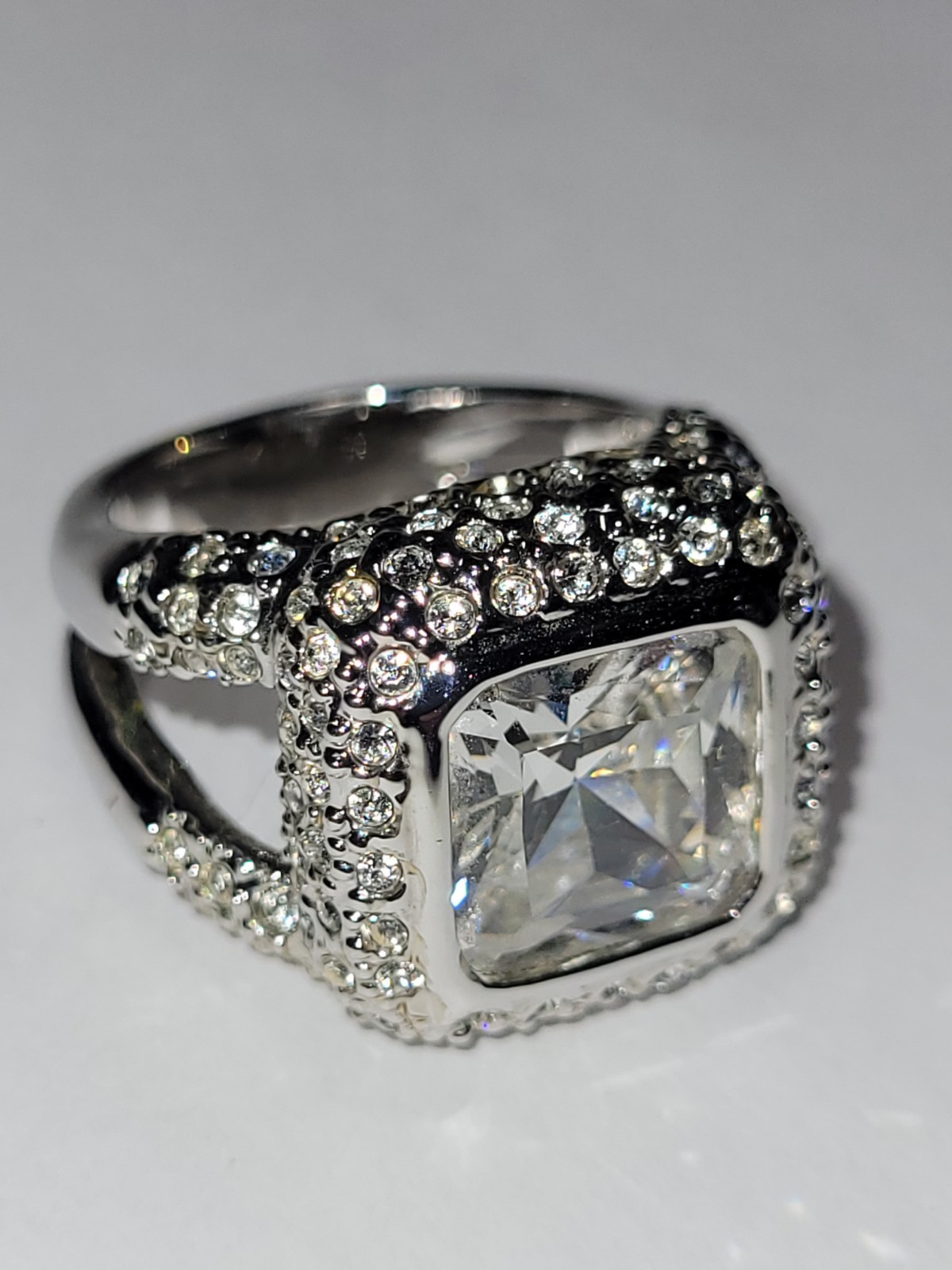 Silvertone Double Band Ring Clear Square Rhinesto… - image 12