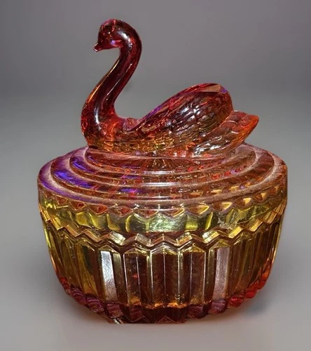 Vintage Jeanette Amberina Glass Swan On A Nest Candy Dish W/ Lid 5" Tall