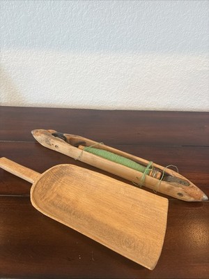 Early Weaving Tool, Loom Shuttle 'Boat' 18 Inch Collectable. And Large Wooden Sc