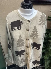 CJ Banks Sweater Womens 1X Plus Tan W Moose Vintage Cotton Blend Christmas Cardi