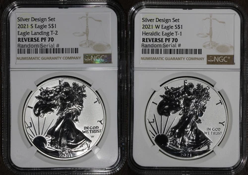 2021 (PF70) 1 oz Reverse Proof Type 1 and 2 American Silver Eagle  Set $1 NGC