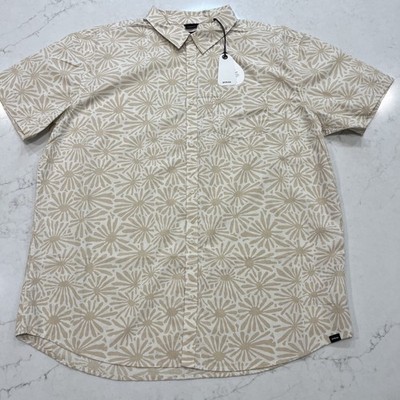 prAna NEW Stimmersee Shirt Mens XXL Chalk Tan Floral Short Sleeve Button Organic