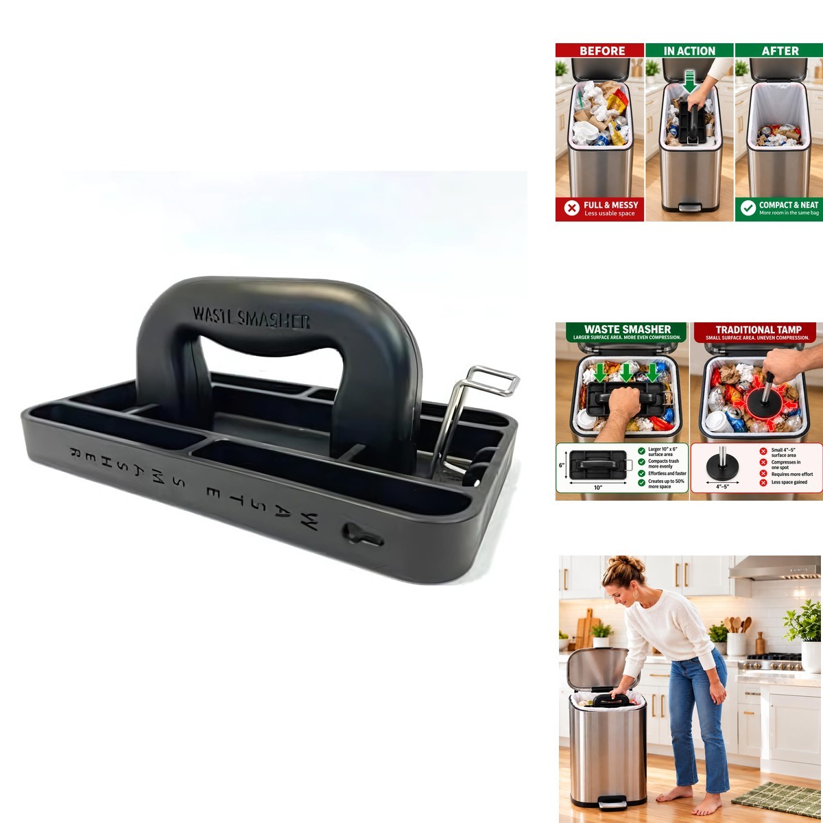 Waste Smasher Trash Compactor 6" x 10" Head Built-in Hook Dishwasher Safe