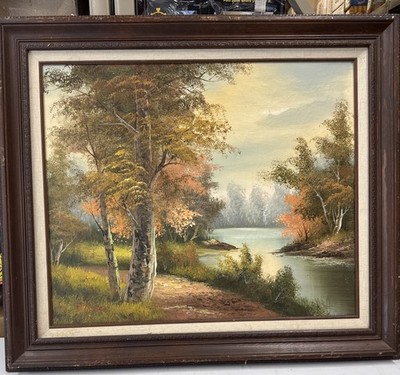 Dixon Oil Painting River Forest Landscape 30  X 26  Wood Frame Gallery Vintage