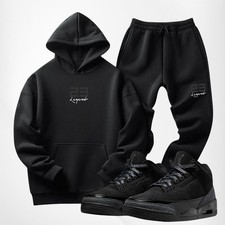 Mens Black on Black Sweatsuit To Match Jordan 3 Black Cat Hoodie Joggers By MMK.