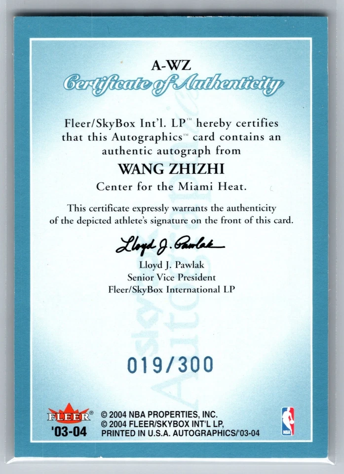 Wang Zhizhi 2003-04 SkyBox Autographics Blue /300 Auto - Image 2 of 2