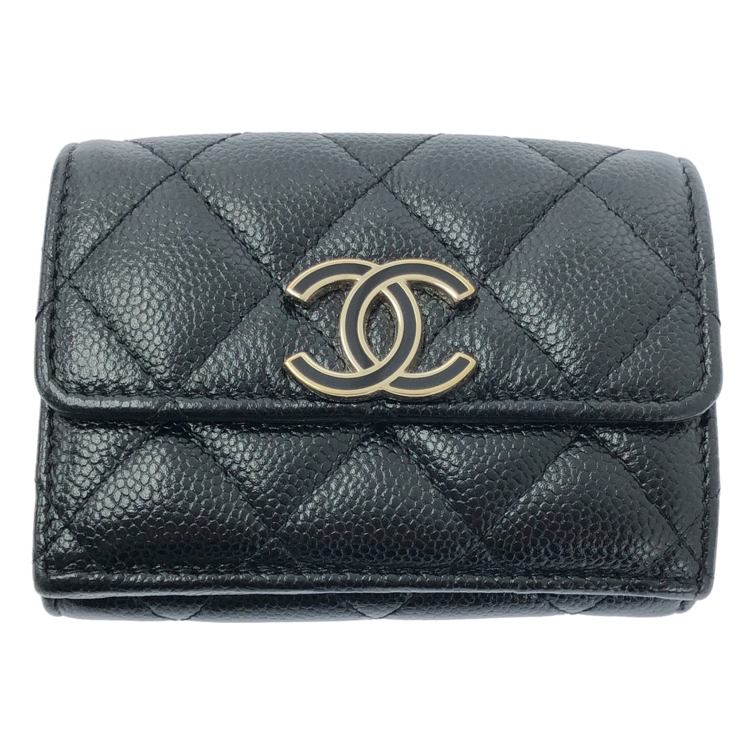 Chanel / Matelasse Caviar Skin Compact Wallet Tri-Fold Black Women'S