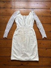 Vintage 1950  s Wedding Dress XS Knee Length Ivory Satin With Lace Sleeves