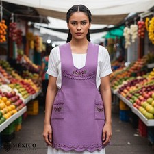 Lilac Mexican Embroidered Apron   Essential Cotton Kitchen Apron Floral Design
