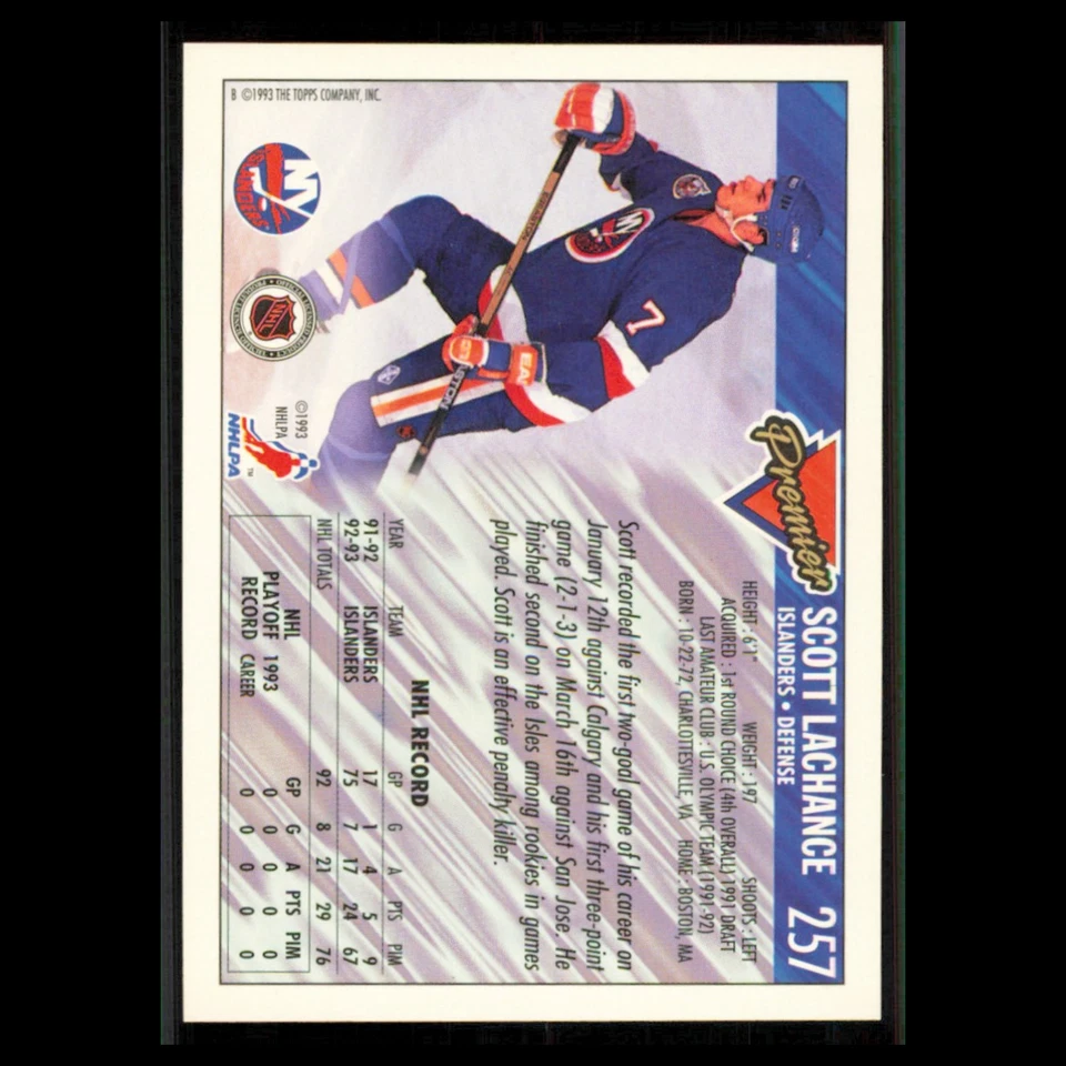 Scott Lachance #257 1993 Topps Premier New York Islanders Hockey Card NHL NM - Image 2 of 3