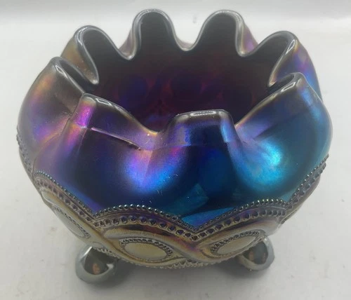 AWESOME VINTAGE CARNIVAL NORTHWOOD PURPLE BEADED CABLE ROSEBOWL “KILLER COLOR”