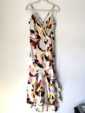 Nine West Floral Print Maxi Dress Sz Large Boho Satin Ruffle Hi Lo Hem NWT FLAW