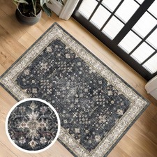 Washable Non Slip 2x6 Runner Rug Black Boho Faux Wool Low Pile Carpet