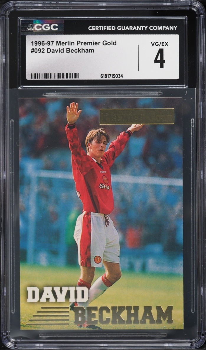 Top Eye Appeal David Beckham 1996-97 Merlin Premier Gold #92 Rookie ManU. CGC 4 view 1