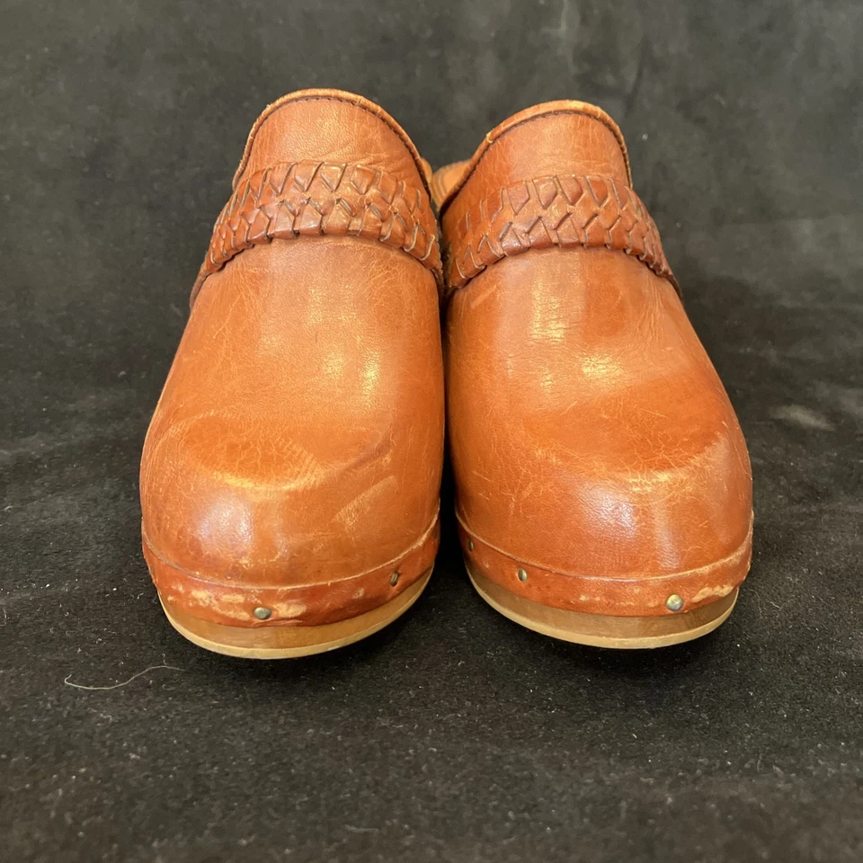 "Zuecos vintage para mujer talla 4,5 cuero terracota madera 3"" tacones bohemios años 70" Foto 3 de 4