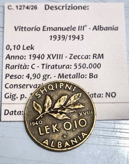 M1274 VITTORIO EMANUELE 3 ALBANIA 0 10 LEK 1940