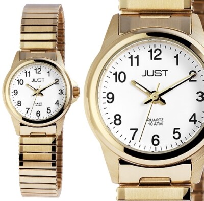 Damenuhr Armbanduhr Weiss Gold Edelstahl Stretch Zugarmband Flex JUST JU10103