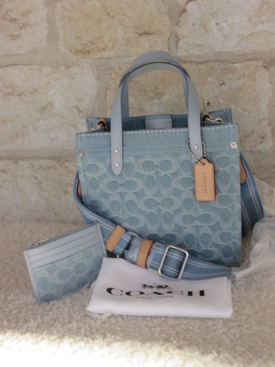 NEW Coach Field Tote 22 DENIM Pale Blue Signature Washed
