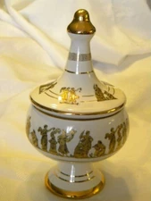 Vintage Rare 24Kt Hand Decorated Original Greek Key Lidded Ceramic Compote