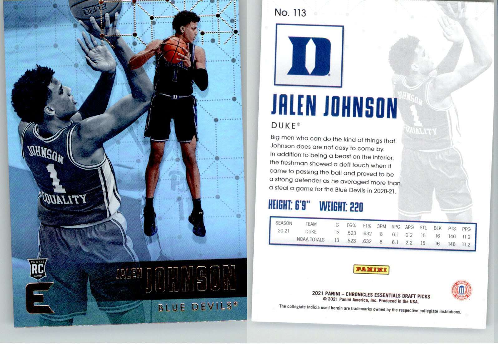 Jalen Johnson 2021 Chronicles Draft Essentials #113 Duke RC Rookie