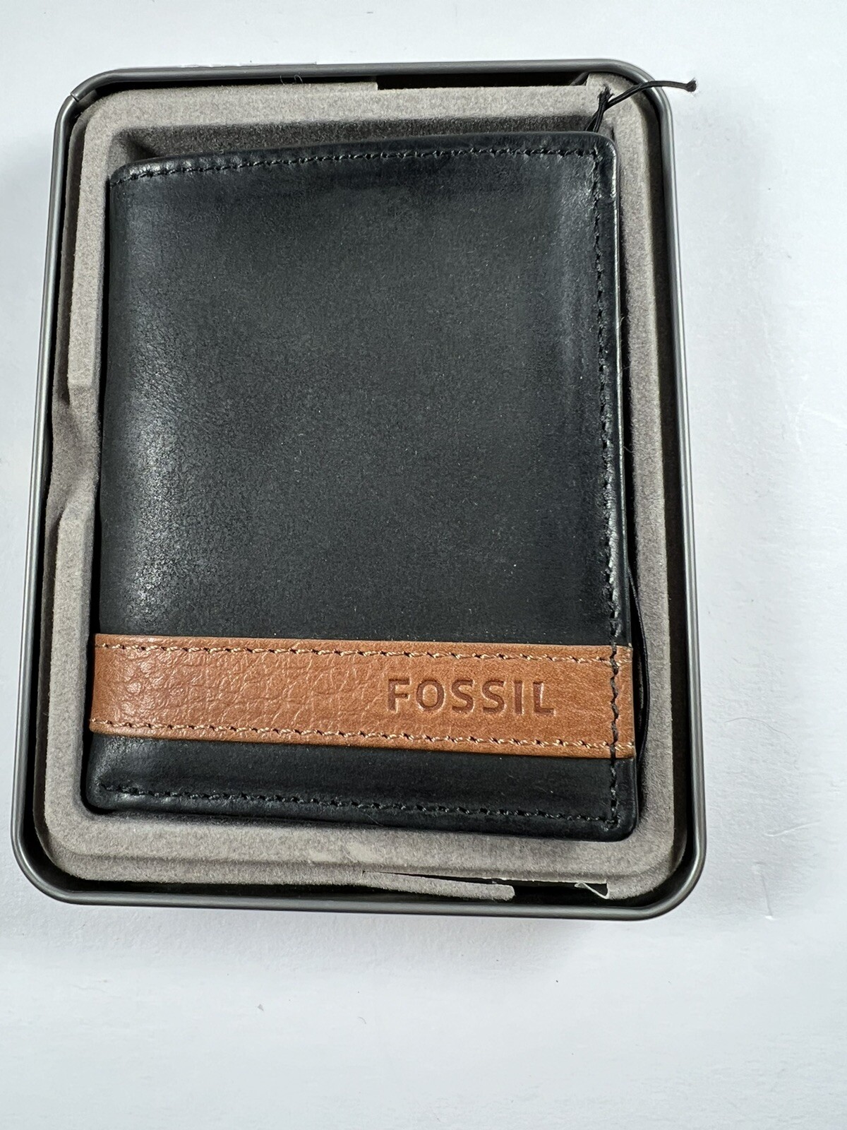 NEW FOSSIL QUINN Black & brown LEATHER TRIFOLD MEN'S WALLET eBay