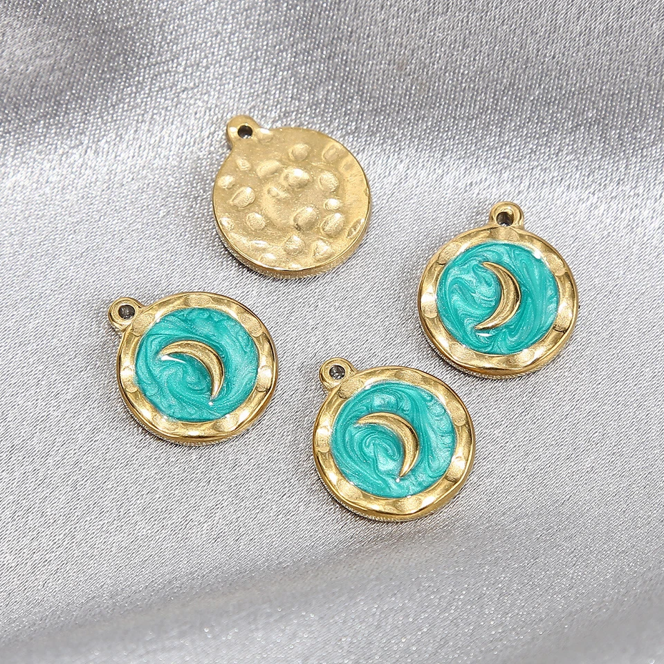 Colgantes redondos luna de acero inoxidable esmaltado tono dorado 18x15,5 mm 10 piezas Foto 2 de 4