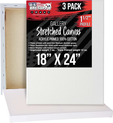 Large Stretched Canvas for Painting 18X24 Inch Gallery Depth 1-1/2'' Thick, 3-Pac