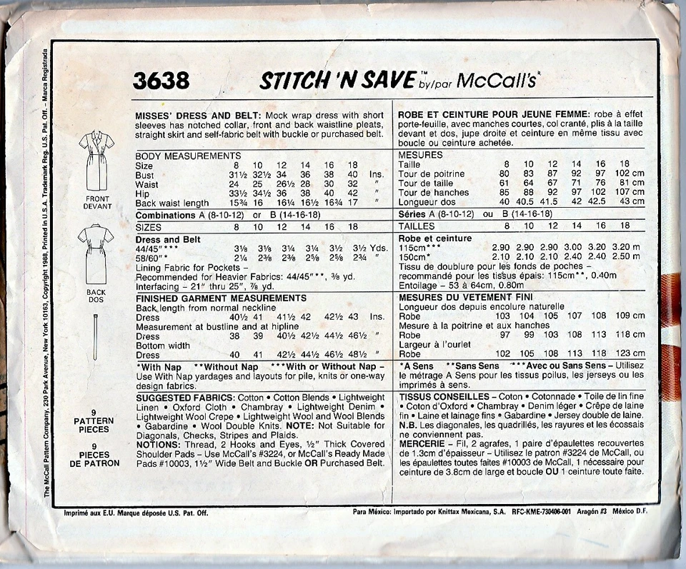 VTG MCCALLS SEWING PATTERN 3638 STITCH N SAVE DRESS W BELT SZ L MISSES 14 16 18 - Image 2 of 2