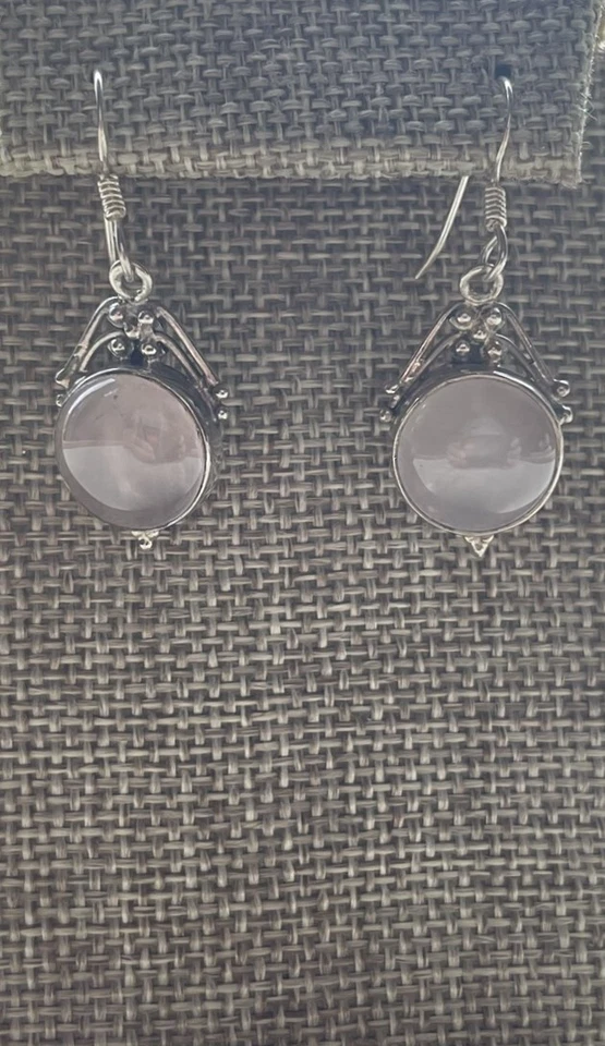 Pendientes colgantes de cuarzo rosa caviar bohemio artesanales vintage de ley de 1,5" Foto 4 de 4