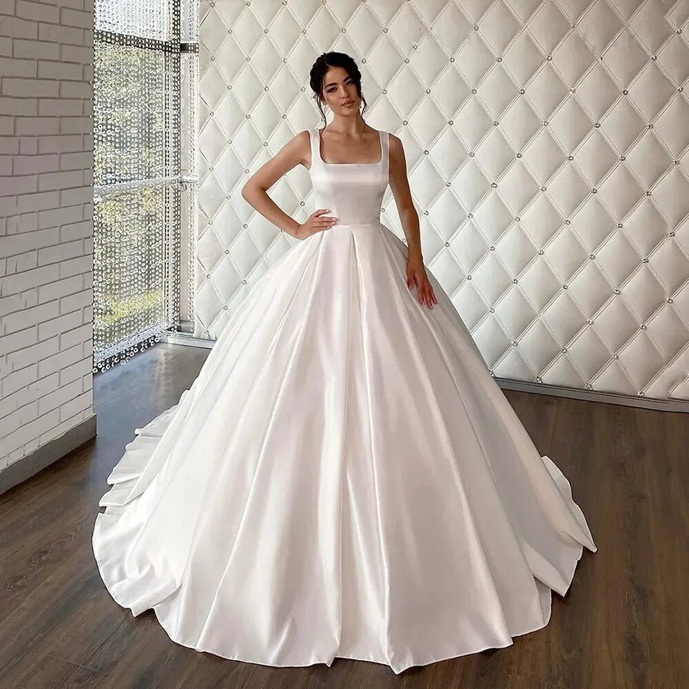White Satin A-Line Wedding Dresses Square Neck Spaghetti Straps Ball Bridal  Gown