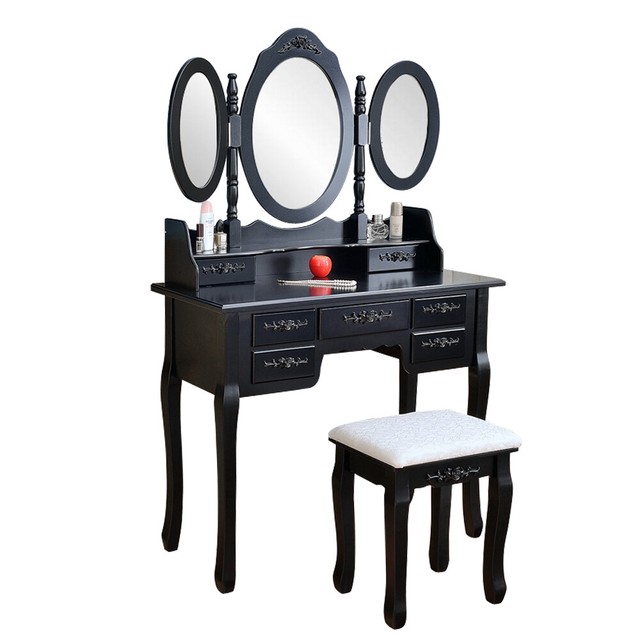 Black Tri Folding Mirror Vanity Set 7 Drawers Dressing Table Makeup Desk Stool For Sale Online